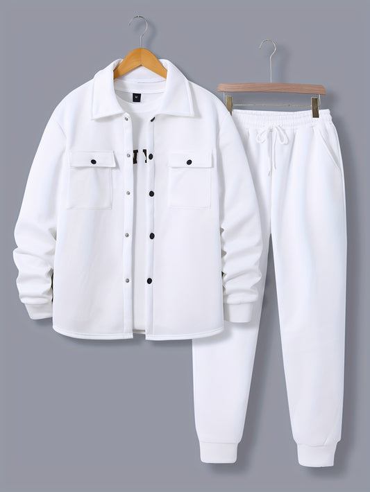 1set Men'S Casual Solid Color Polyester Outfit - Long Sleeve Button-Down Lapel Collar Jacket with Pockets and Drawstring Long Pants Set for Fall/Winter