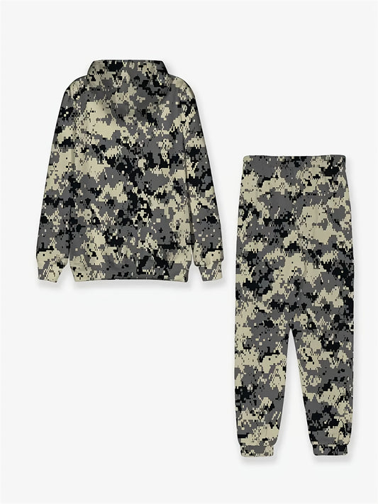 Casual Sport 2pcs Outfits for Men, Camouflage Printed Hooded Long Sleeve Loose Pullover Sweatshirt and Comfortable Elastic Waist Jogger Sweatpants with Drawstring, Men's Suits for Fall Winter