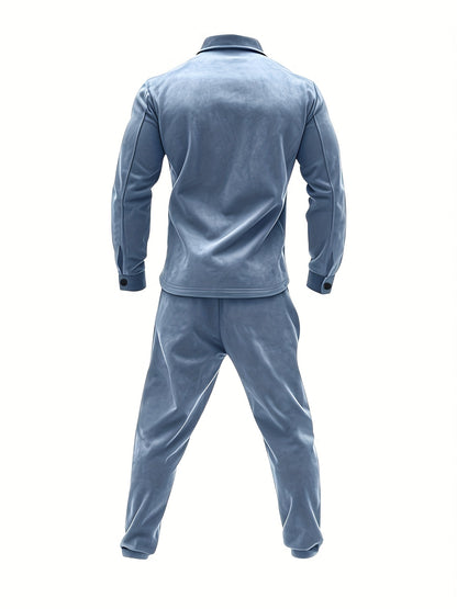 2pcs Men'S Casual Solid Color Sweatsuit Set, Polyester Knit Fabric with Slight Stretch, Regular Fit, with Lapel Collar, Button Details, for Spring/Fall - Fashionable American Style Workwear Jacket and Pants Combo