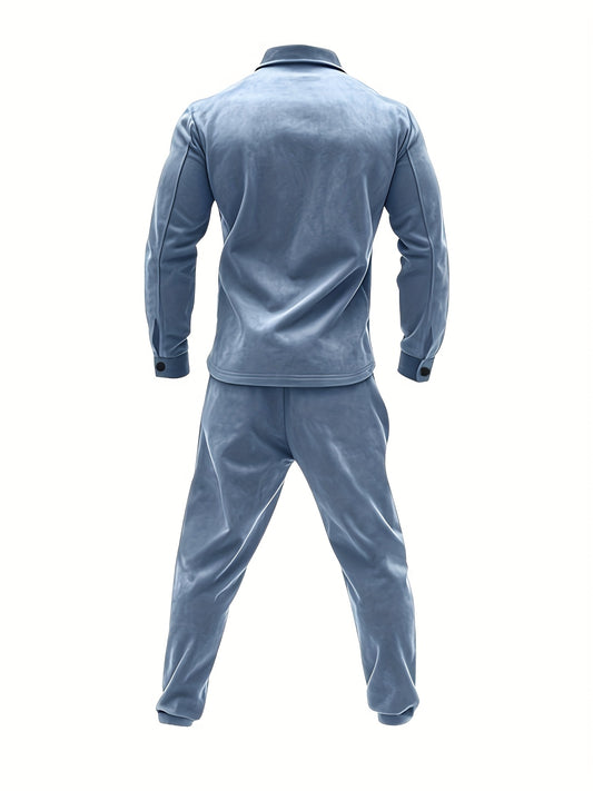 2pcs Men'S Casual Solid Color Sweatsuit Set, Polyester Knit Fabric with Slight Stretch, Regular Fit, with Lapel Collar, Button Details, for Spring/Fall - Fashionable American Style Workwear Jacket and Pants Combo