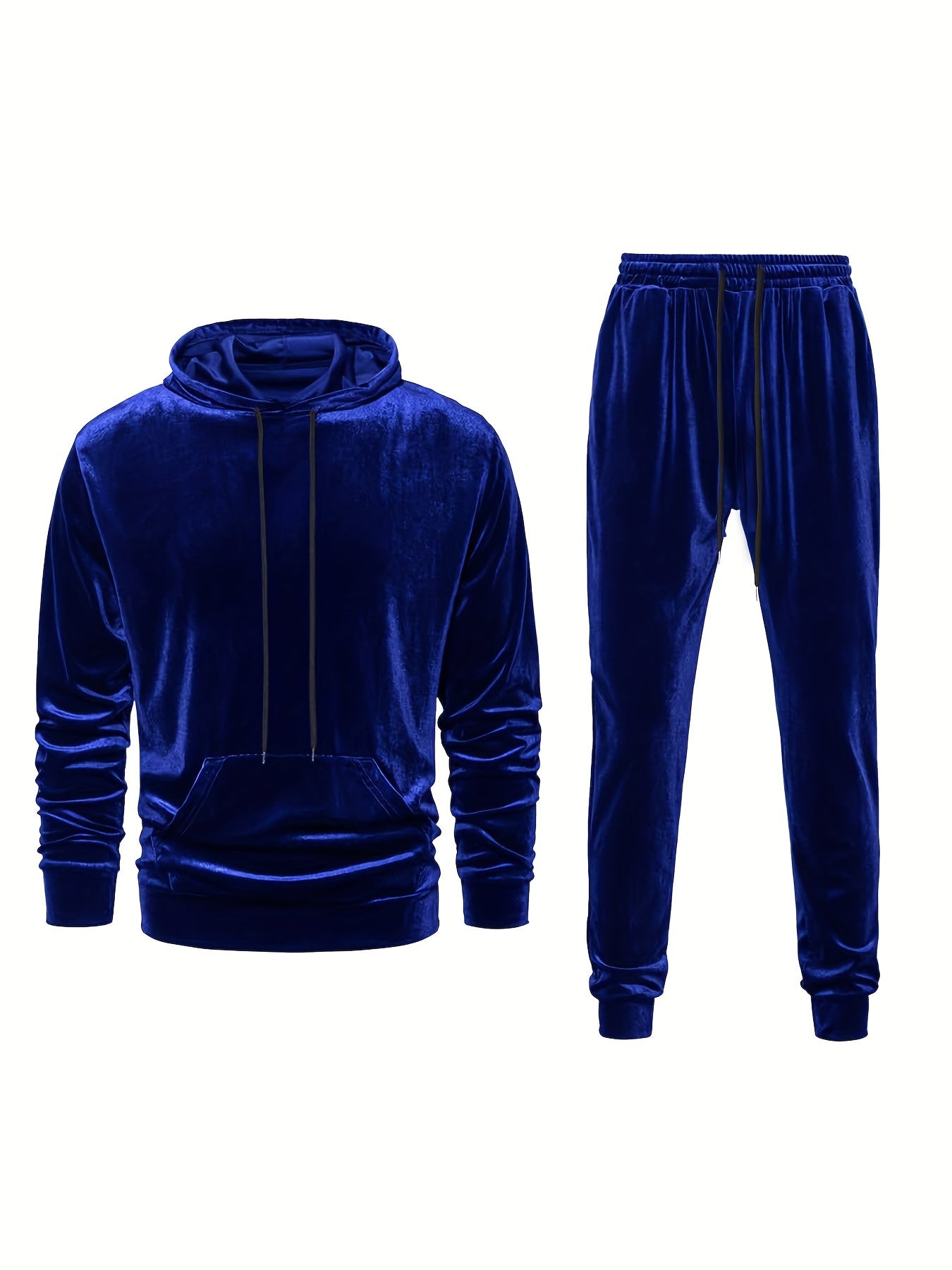 Men's 2-Piece Sets, Solid Velvet Long Sleeve Hoodie And Drawstring Long Pants Set, Casual Stretchy Outfits For Fall And Winter