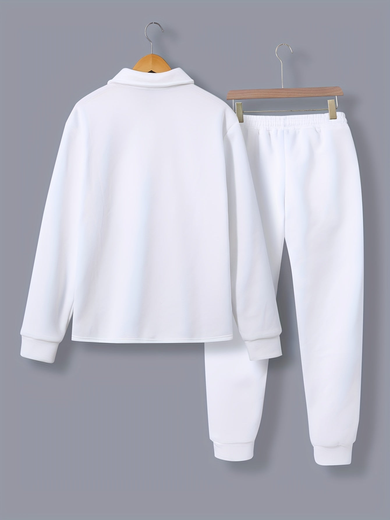 1set Men'S Casual Solid Color Polyester Outfit - Long Sleeve Button-Down Lapel Collar Jacket with Pockets and Drawstring Long Pants Set for Fall/Winter