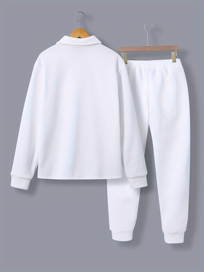 1set Men'S Casual Solid Color Polyester Outfit - Long Sleeve Button-Down Lapel Collar Jacket with Pockets and Drawstring Long Pants Set for Fall/Winter