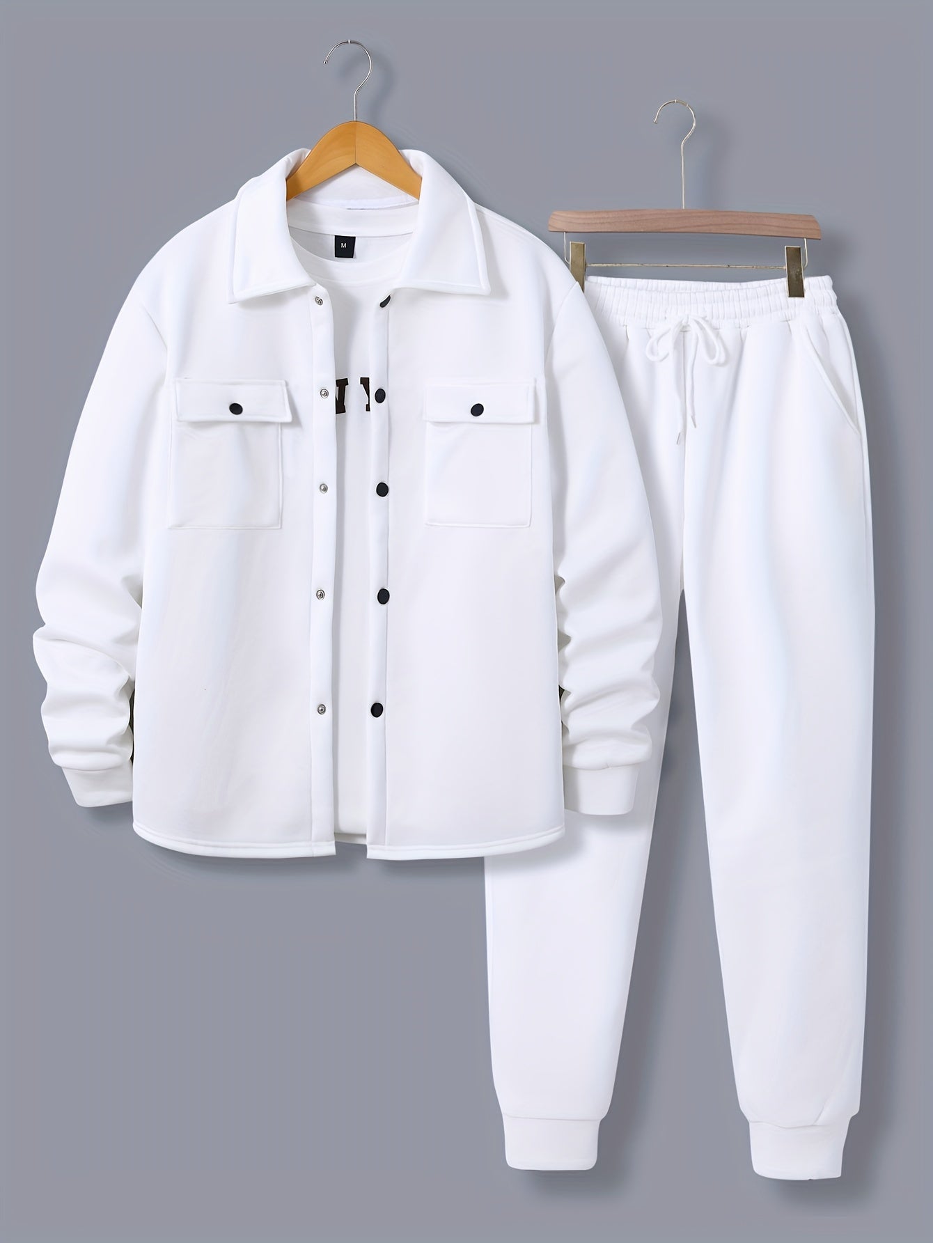 1set Men'S Casual Solid Color Polyester Outfit - Long Sleeve Button-Down Lapel Collar Jacket with Pockets and Drawstring Long Pants Set for Fall/Winter
