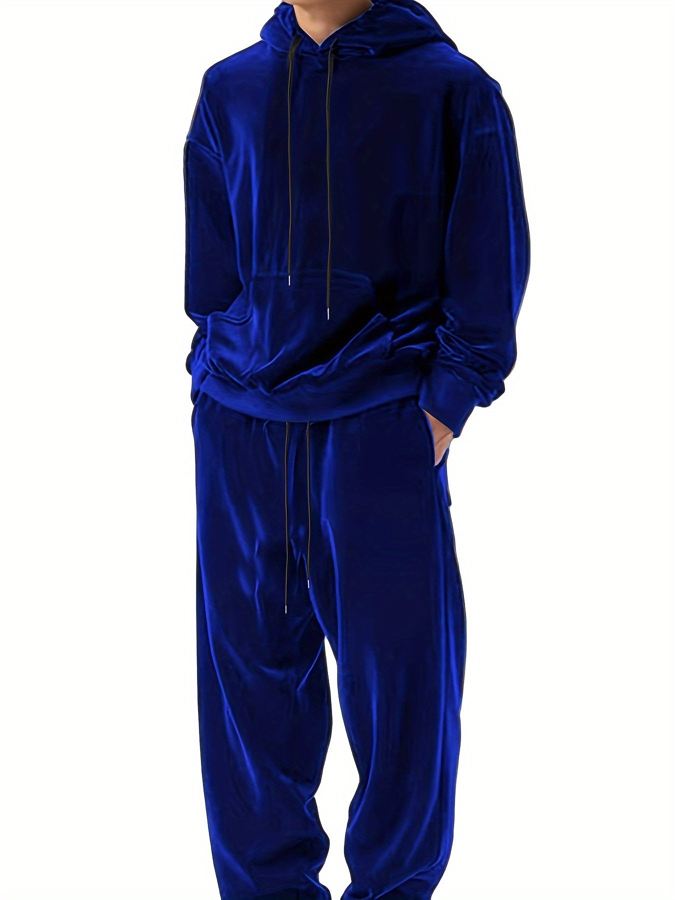 Men's 2-Piece Sets, Solid Velvet Long Sleeve Hoodie And Drawstring Long Pants Set, Casual Stretchy Outfits For Fall And Winter