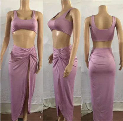 2 Piece Crop Top & Long-Split Skirt Set