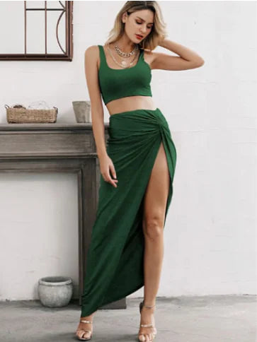 2 Piece Crop Top & Long-Split Skirt Set