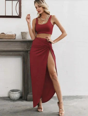 2 Piece Crop Top & Long-Split Skirt Set