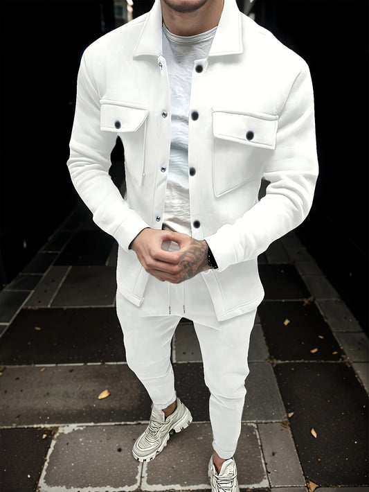 1set Men'S Casual Solid Color Polyester Outfit - Long Sleeve Button-Down Lapel Collar Jacket with Pockets and Drawstring Long Pants Set for Fall/Winter