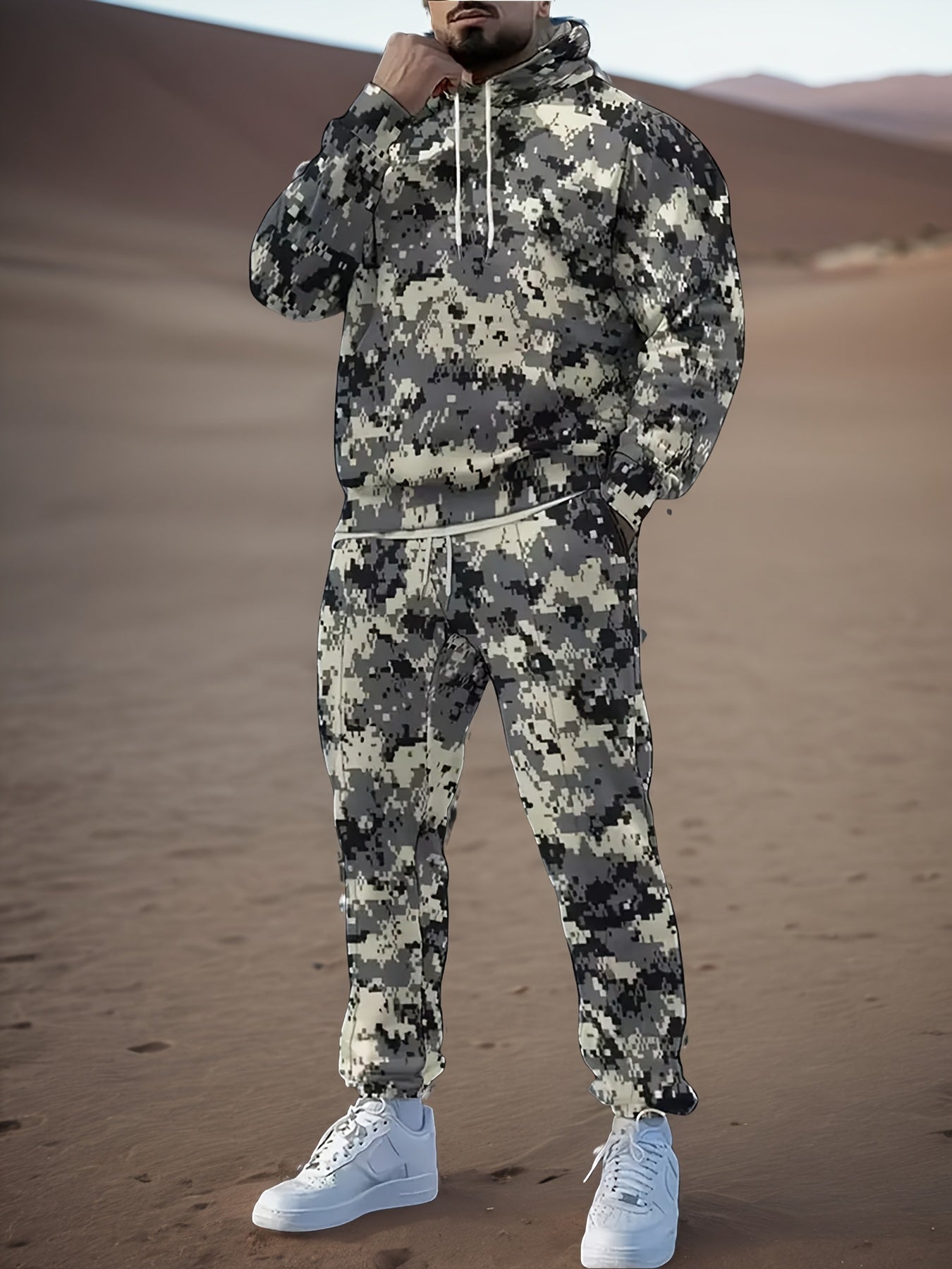 Casual Sport 2pcs Outfits for Men, Camouflage Printed Hooded Long Sleeve Loose Pullover Sweatshirt and Comfortable Elastic Waist Jogger Sweatpants with Drawstring, Men's Suits for Fall Winter