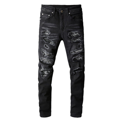 Black Bandanna Ripped Slim-Fit Jeans