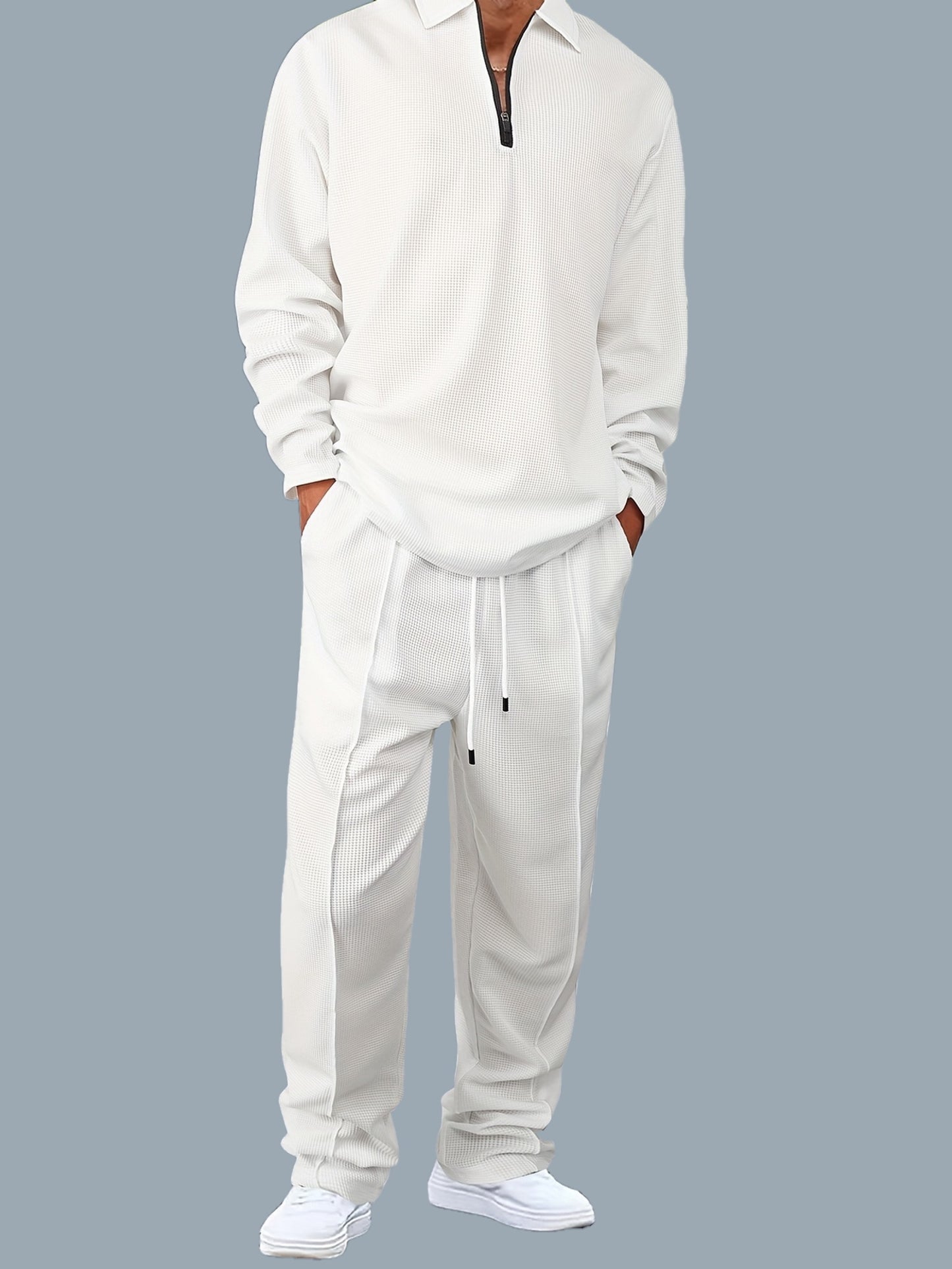 2-Piece Solid Color Knitted Men's Set - Comfortable Pullover Sweatshirt & Drawstring Pants for Daily Wear