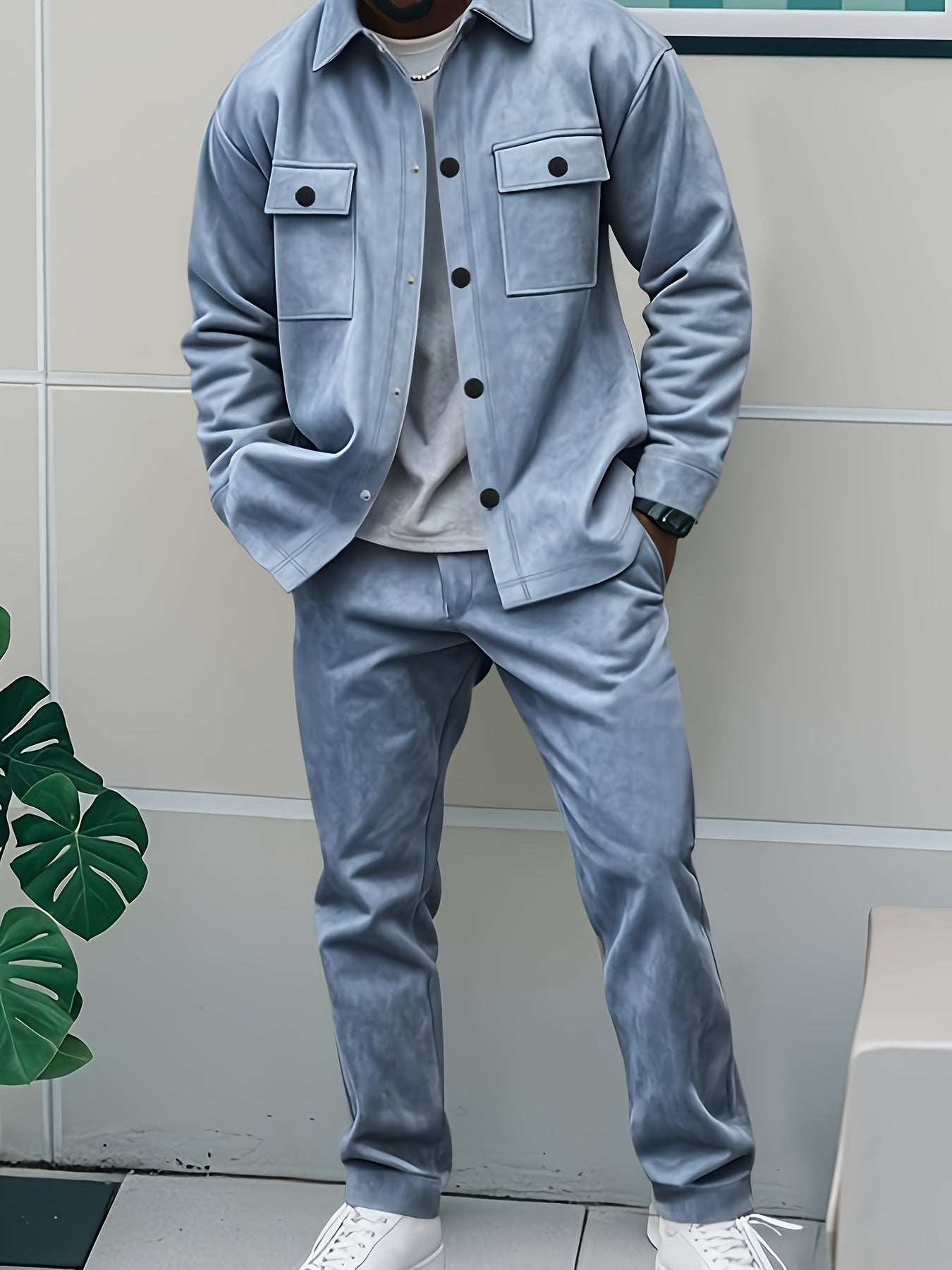 2pcs Men'S Casual Solid Color Sweatsuit Set, Polyester Knit Fabric with Slight Stretch, Regular Fit, with Lapel Collar, Button Details, for Spring/Fall - Fashionable American Style Workwear Jacket and Pants Combo