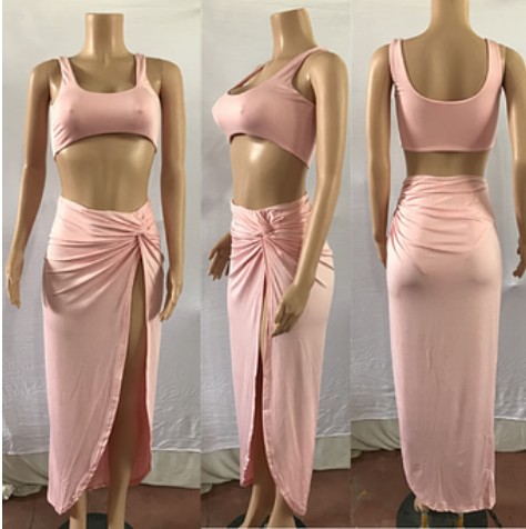 2 Piece Crop Top & Long-Split Skirt Set