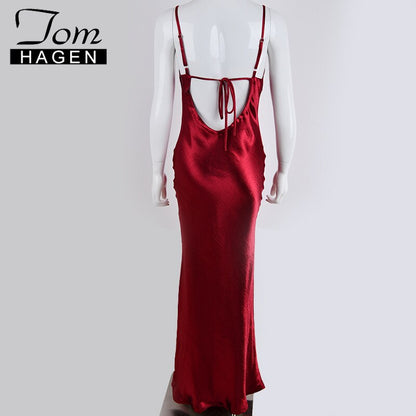 Tom Hagen Sexy Bodycon vestido fuera del hombro señoras vestidos cruzados Sling Maxi vestido de algodón mujeres medio largo fiesta noche Club vestido 2019