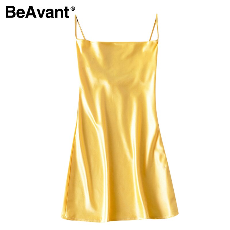 BeAvant Spaghetti Strap Stain Sexy Mini vestido mujer 2020 Sexy cuello en V Club fiesta vestido verano mujer Sundress Mini vestido Vestidos